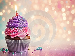 Happy birthday cupcake on glitter colorful