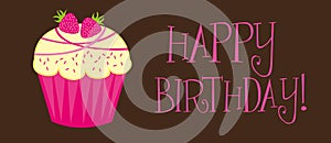 happy birthday with cupcake over brown background vector