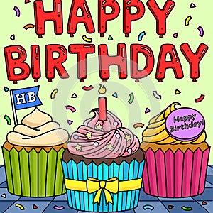 Happy Birthday Cupcakes Colored Cartoon