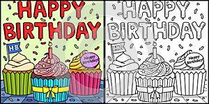 Happy Birthday Cupcakes Coloring Page Illustration