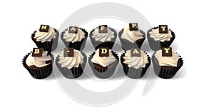 Happy Birthday cupcakes on white background