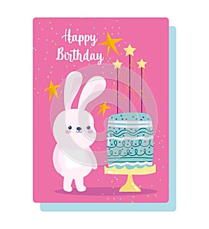 Happy birthday, cute bunny with cake and candles cartoon celebration decoration card