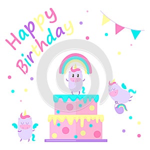 Happy birthday cute card with magical unicorns big cake.