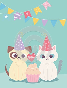 Happy birthday, cute dog and cat with party hat and cupcake, celebration decoration cartoon
