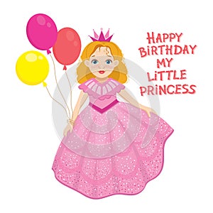 Happy birthday cute fairy girl greeting card with colorful balloon.