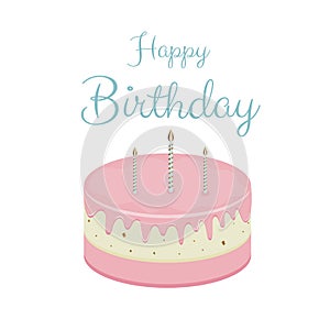 Happy birthday cute greeting card design. Cake and candles on a white background. Vector illustration