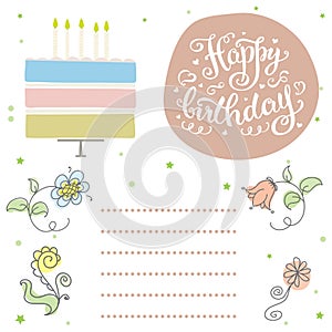 Happy birthday, cute invitation card with cake and flowers.Hand