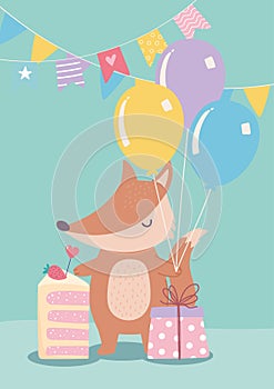 Happy birthday, cute little fox with cake gift and balloons celebration decoration cartoon