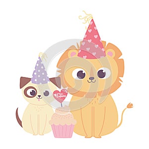 Happy birthday, cute little lion dog with hat and cupcake celebration decoration cartoon