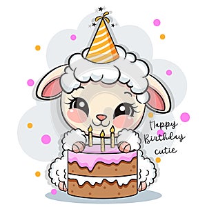 Happy birthday cute sheep with cake. Greeting card with little lamb in cartoon style. Vector illustration.