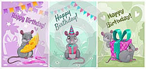 Happy birthday, cute vector greeting cards with funny cartoon mice. Holiday posters set.