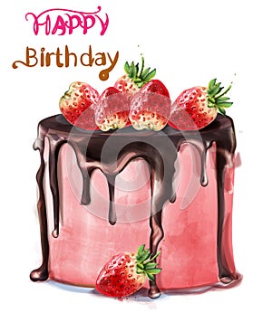 Happy birthday delicious strawberry cake Vector watercolor. Card decors