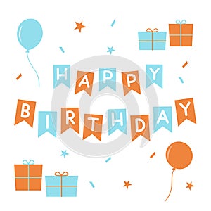 Happy birthday design elements. Colorful flags with letters, balloons, boxes with gifts.