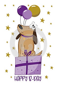 Happy Birthday - dog with balloons and gift box.