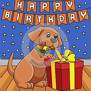 Happy Birthday Dog with a Present Colored Cartoon