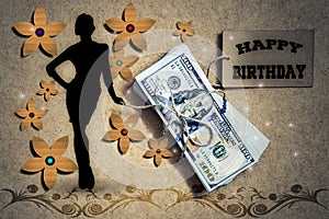 Happy birthday. Dolars and girl card photo