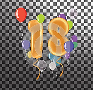 Happy Birthday eighteen year, fun celebration anniversary greeting card with number, balloon on background