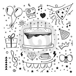 Happy birthday element design with doodle style. happy birthday concept. use for element design invitation, wallpaper or social