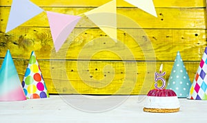 Happy birthday with festive decorations with cake and burning candles 5