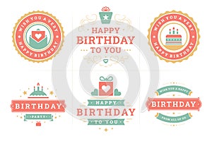 Happy birthday festive red green vintage label and badge set for greeting card design vector flat