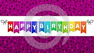 Happy Birthday flags banner. Purple confetti background