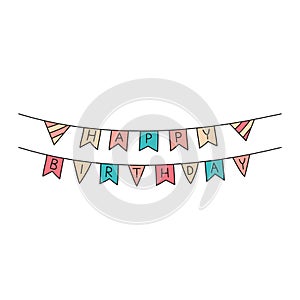 Happy birthday flags. Bday party doodles. Vector hand drawn kid hanging banner. Scribble outline illustration of festive