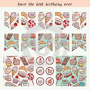 Happy birthday flags, card, note. Hand drawn confectionery pattern croissant Cupcake candy marshmallow ice cream cake donut and