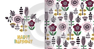 Happy birthday floral card in Scandinavian style. Yllow, pink, red, green. Paper cut letters