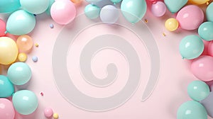 Happy birthday ! A free space for text, birth day celebrations event. Pastel background. Colorful balloons. Generatiive AI