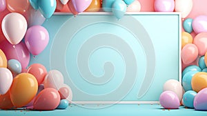 Happy birthday ! A free space for text, birth day celebrations event. Pastel background. Colorful balloons. Generatiive AI