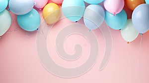 Happy birthday ! A free space for text, birth day celebrations event. Pastel background. Colorful balloons. Generatiive AI