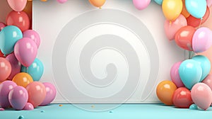 Happy birthday ! A free space for text, birth day celebrations event. Pastel background. Colorful balloons. Generatiive AI