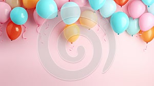 Happy birthday ! A free space for text, birth day celebrations event. Pastel background. Colorful balloons. Generatiive AI