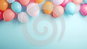 Happy birthday ! A free space for text, birth day celebrations event. Pastel background. Colorful balloons. Generatiive AI