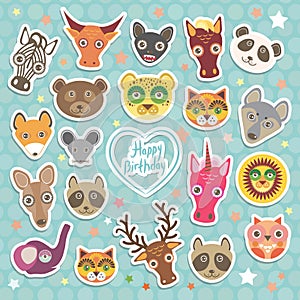 Happy birthday. Funny Animals card template on light blue Polka dot background. Vector
