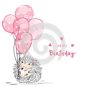 Happy birthday. Funny hedgehog with balloon, handwritten text. Greeting card