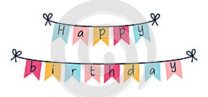 Happy birthday garland vector icon. Colorful triangular flags hanging on a string. Textile decoration for a party, anniversary.