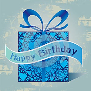 Happy Birthday Gift Box with Heart Pattern and Ribbon in Blue Colors