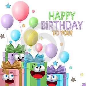 Happy birthday gift cartoons vector template design. Birthday greeting text with cute gift cartoon photo