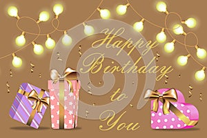 Happy birthday golden card with gifts and garland. Vector illustration.