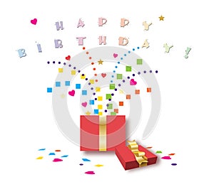 Happy Birthday graphic with fun confetti and gift box against white background