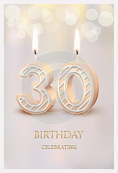 Happy birthday greeting card with 30 number candles vector illustration. 3d candlelight in poster design for anniversary party