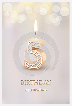Happy birthday greeting card with 5 number candle, 3d candlelight template design