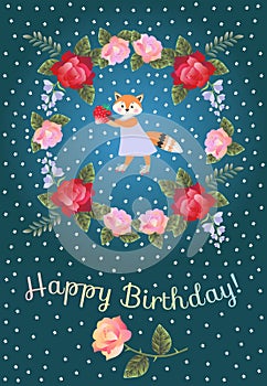 Happy birthday greeting card for baby with cute lovely fox and wreath of red and pink roses and bellflowers.