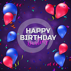 Happy birthday greeting card or banner with colorful balloons, confetti and place for your text