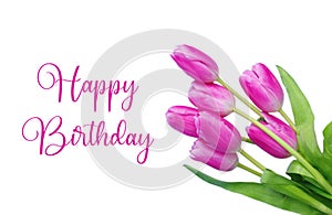 Happy Birthday Greeting Card with beautiful pink Spring Tulips on white background. Pink Tulips with text Happy Birthday.