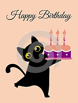 Happy birthday greeting card. Black cute cat congratulates with a cake with candles.