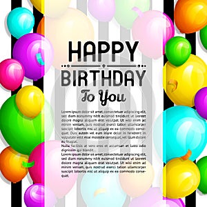 Happy Birthday greeting card. Bunch of colorful balloons and confetti. Stylish lettering on striped background. Vector.