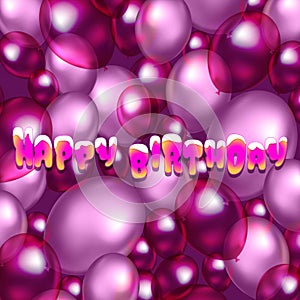 Happy birthday greeting card with cake font and pink balloons