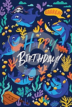 Happy Birthday greeting card with cartoon sharks pirate in comic style